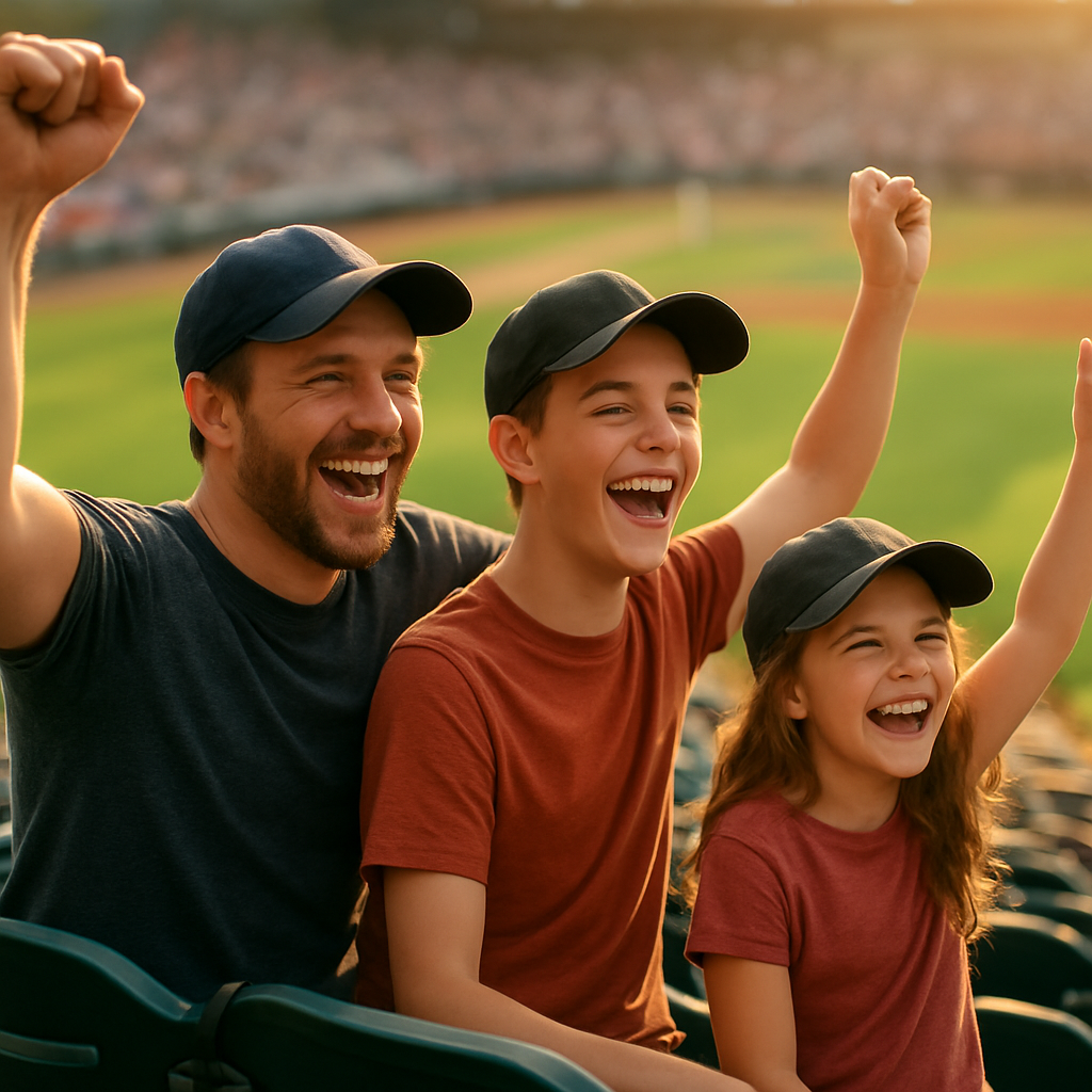 A father, son, and daughter cheering together at a baseball game